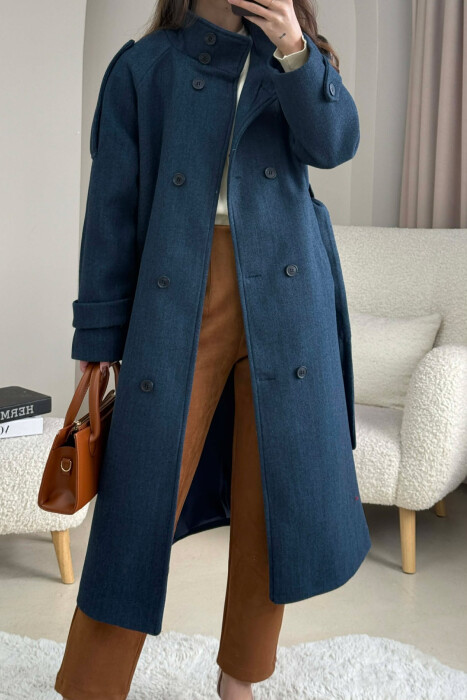 ONE COLOR HIGH NECK BUTTONED WOMAN COAT DARK BLUE/BEE - 1