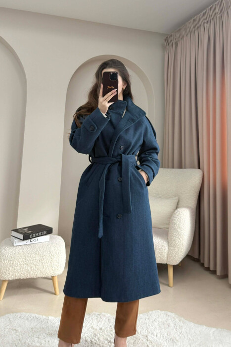 ONE COLOR HIGH NECK BUTTONED WOMAN COAT DARK BLUE/BEE - 5