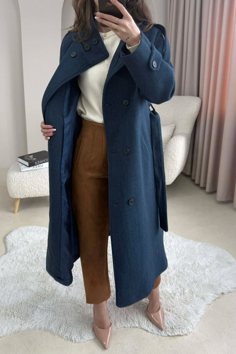 ONE COLOR HIGH NECK BUTTONED WOMAN COAT DARK BLUE/BEE - 3
