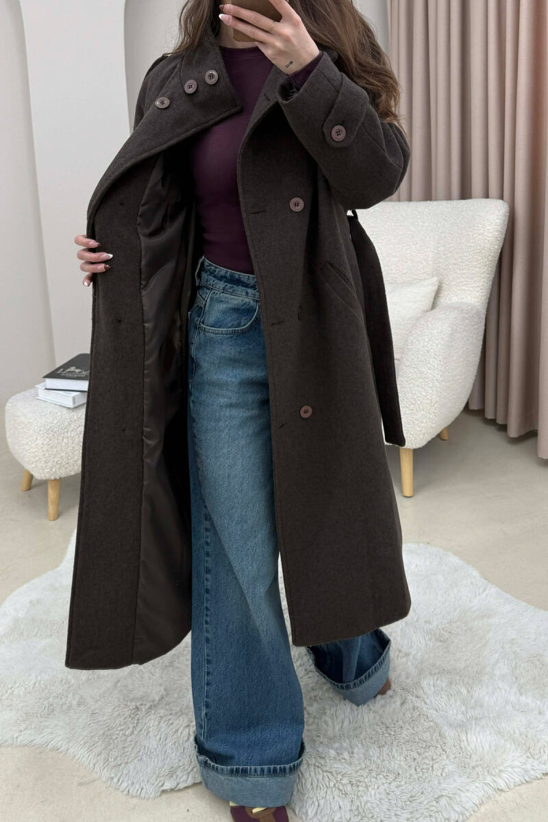 ONE COLOR HIGH NECK BUTTONED WOMAN COAT DARK BROWN/KAE - 3
