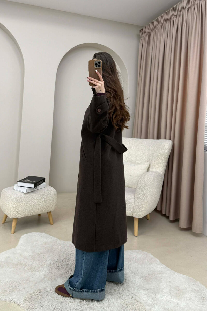 ONE COLOR HIGH NECK BUTTONED WOMAN COAT DARK BROWN/KAE - 4