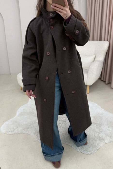 ONE COLOR HIGH NECK BUTTONED WOMAN COAT DARK BROWN/KAE - 1