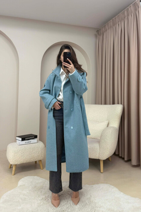ONE COLOR HIGH NECK BUTTONED WOMAN COAT LIGHTBLUE/BZ - 2
