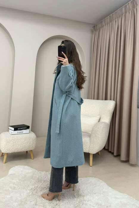 ONE COLOR HIGH NECK BUTTONED WOMAN COAT LIGHTBLUE/BZ - 4