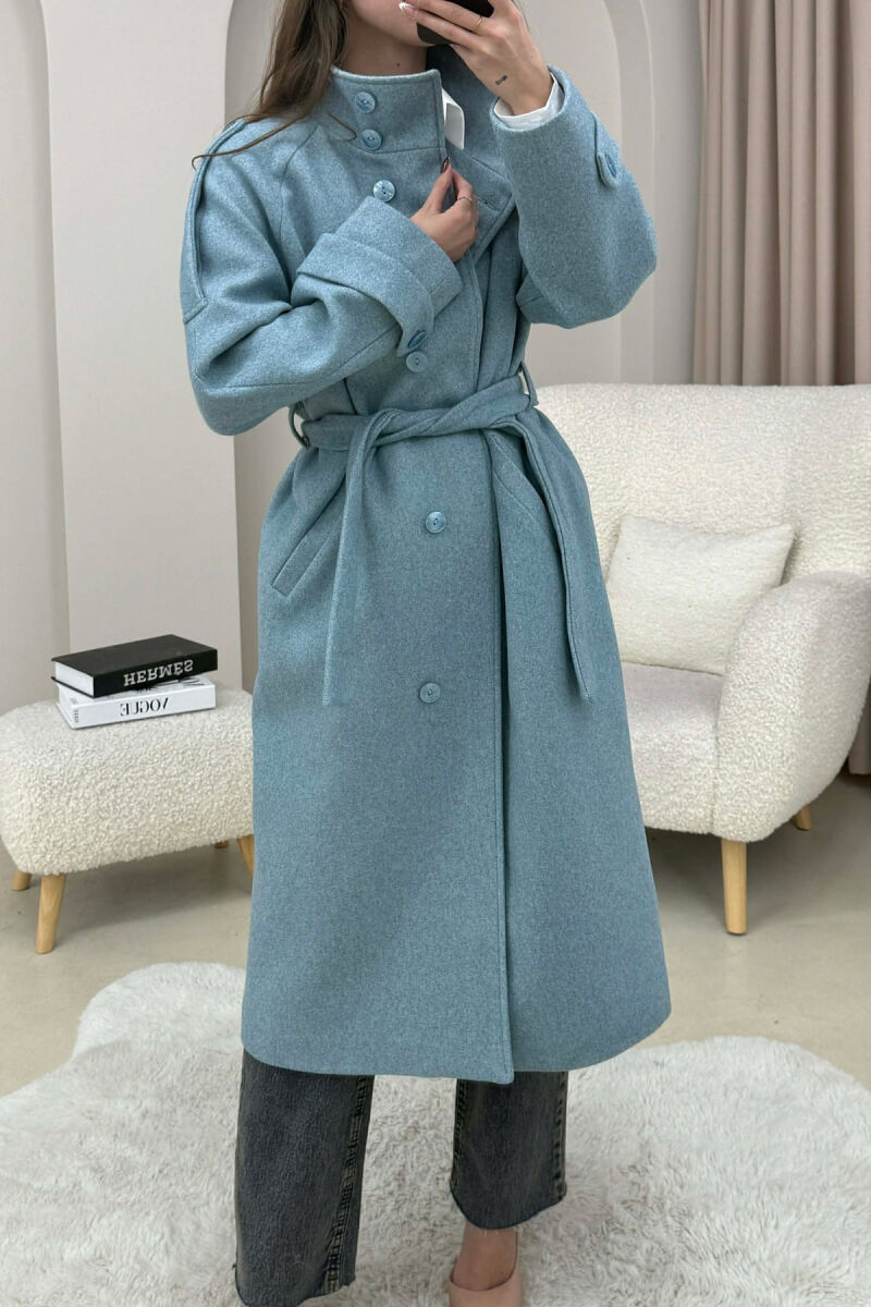ONE COLOR HIGH NECK BUTTONED WOMAN COAT LIGHTBLUE/BZ - 3