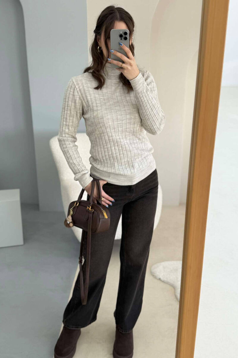 ONE COLOR HIGH NECK WOMEN SWEATER BEIGE/BEZHE - 3