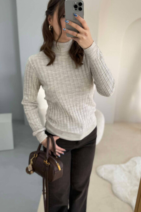 ONE COLOR HIGH NECK WOMEN SWEATER BEIGE/BEZHE - 6