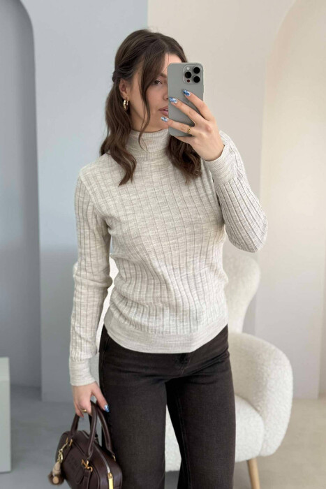 ONE COLOR HIGH NECK WOMEN SWEATER BEIGE/BEZHE - 7