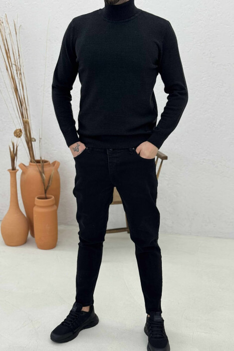 ONE COLOR HIGH NECK MEN SWEATER BLACK/ E ZEZE - 1