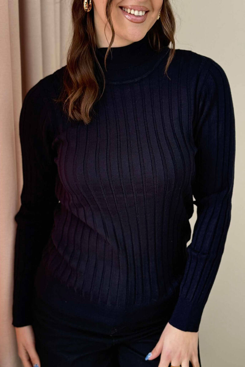 ONE COLOR HIGH NECK WOMEN SWEATER DARK BLUE/BEE - 2