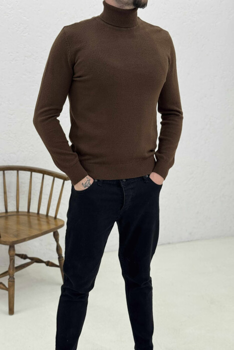 ONE COLOR HIGH NECK MEN SWEATER DARK BROWN/KAE - 3