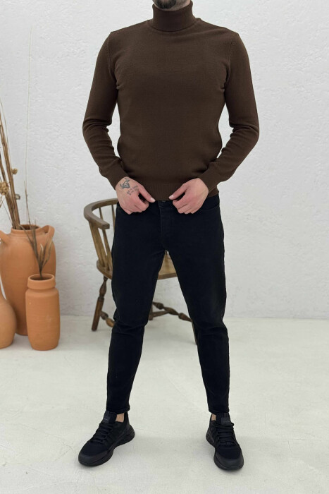 ONE COLOR HIGH NECK MEN SWEATER DARK BROWN/KAE - 1
