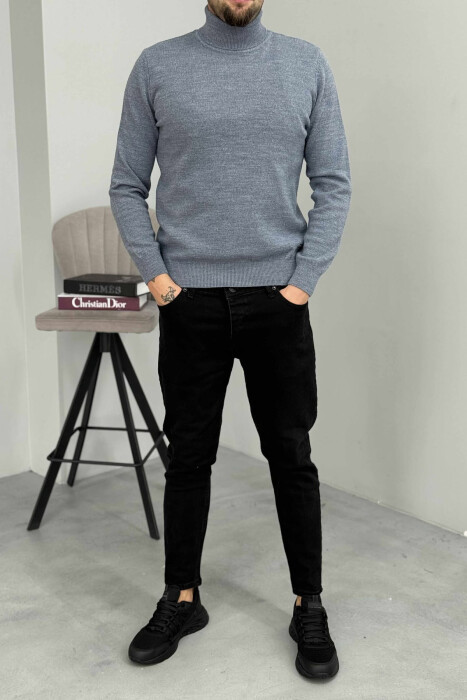 ONE COLOR HIGH NECK MEN SWEATER LIGHTBLUE/BZ - 1