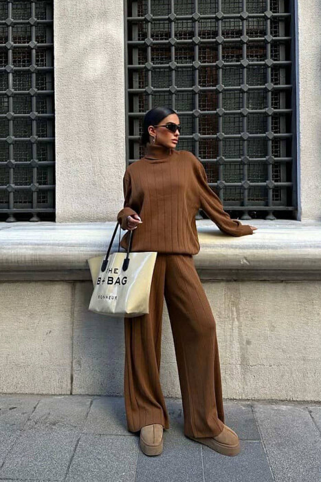 ONE COLOR HIGH NECK SWEATER+TROUSERS WOMEN SET BROWN/KAFE - 5