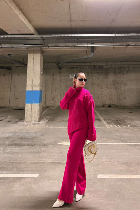 ONE COLOR HIGH NECK SWEATER+TROUSERS WOMEN SET FUCHSIA/CIKLAMI 