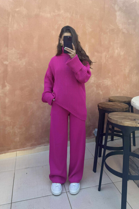 ONE COLOR HIGH NECK SWEATER+TROUSERS WOMEN SET FUCHSIA/CIKLAMI 