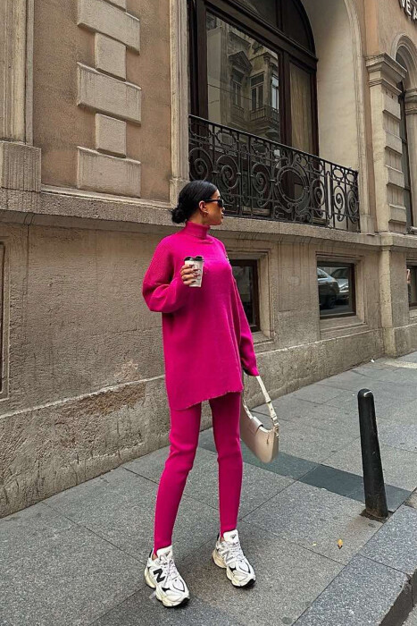 ONE COLOR HIGH NECK SWEATER+TROUSERS WOMEN SET FUCHSIA/CIKLAMI 