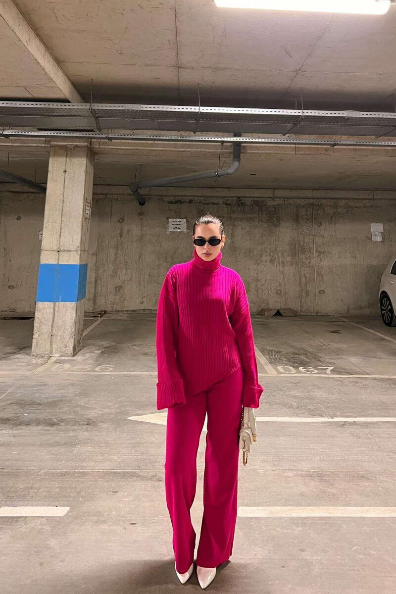 ONE COLOR HIGH NECK SWEATER+TROUSERS WOMEN SET FUCHSIA/CIKLAMI - 2