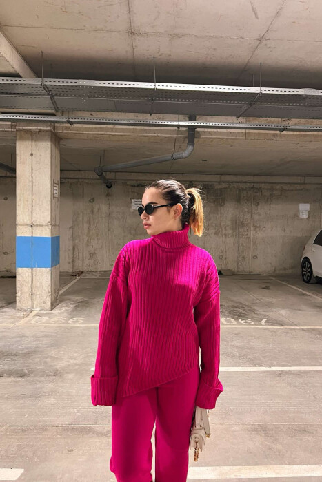 ONE COLOR HIGH NECK SWEATER+TROUSERS WOMEN SET FUCHSIA/CIKLAMI - 3