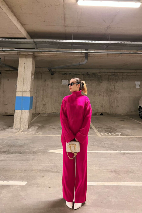 ONE COLOR HIGH NECK SWEATER+TROUSERS WOMEN SET FUCHSIA/CIKLAMI - 5