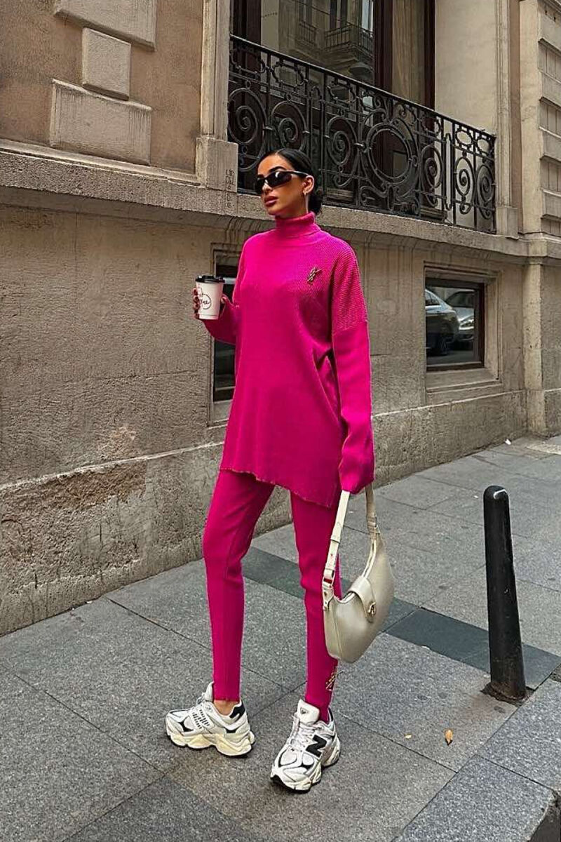 ONE COLOR HIGH NECK SWEATER+TROUSERS WOMEN SET FUCHSIA/CIKLAMI - 3