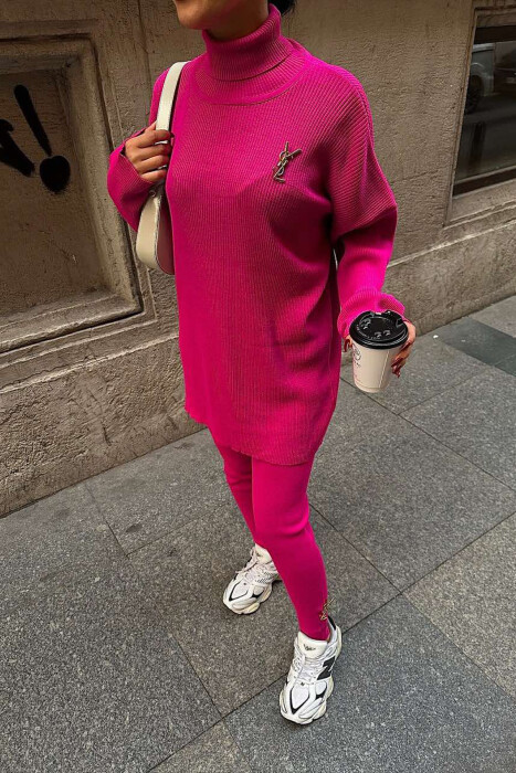 ONE COLOR HIGH NECK SWEATER+TROUSERS WOMEN SET FUCHSIA/CIKLAMI - 6