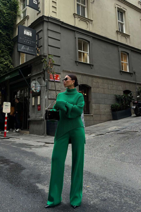 ONE COLOR HIGH NECK SWEATER+TROUSERS WOMEN SET GREEN/JESHILE - 1