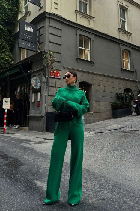 ONE COLOR HIGH NECK SWEATER+TROUSERS WOMEN SET GREEN/JESHILE - 3