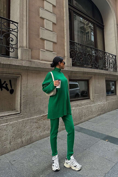 ONE COLOR HIGH NECK SWEATER+TROUSERS WOMEN SET GREEN/JESHILE - 2