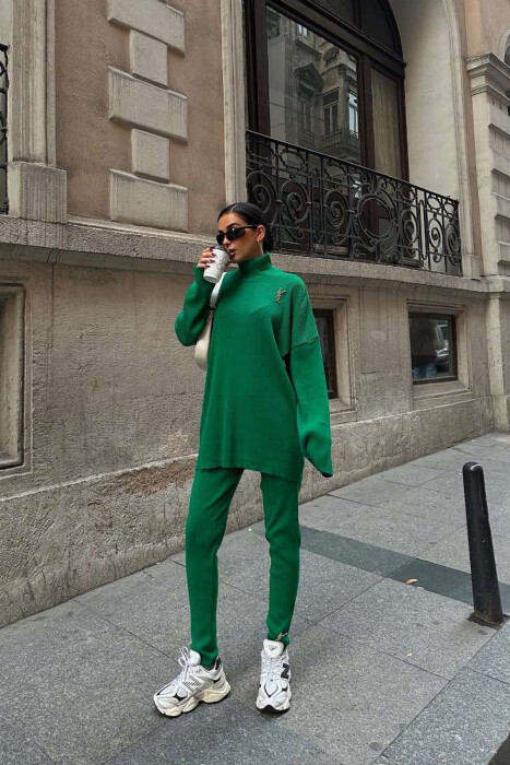 ONE COLOR HIGH NECK SWEATER+TROUSERS WOMEN SET GREEN/JESHILE - 5