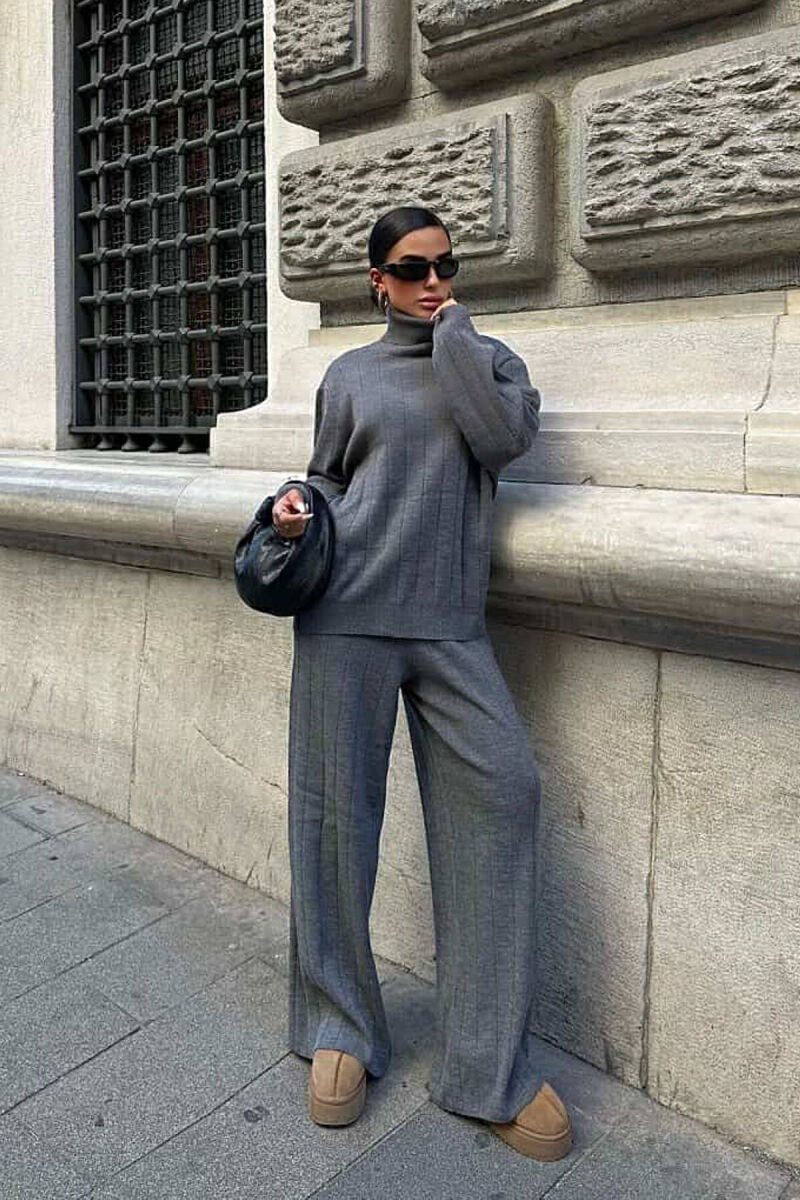 ONE COLOR HIGH NECK SWEATER+TROUSERS WOMEN SET GREY/GRI - 1