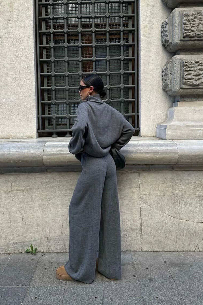 ONE COLOR HIGH NECK SWEATER+TROUSERS WOMEN SET GREY/GRI - 3