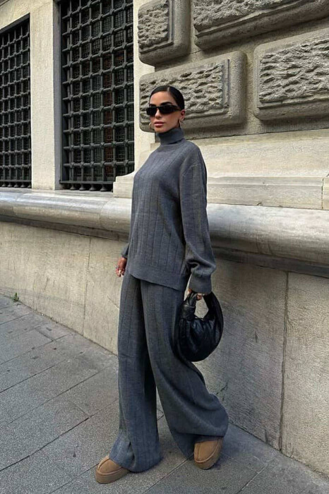 ONE COLOR HIGH NECK SWEATER+TROUSERS WOMEN SET GREY/GRI - 5