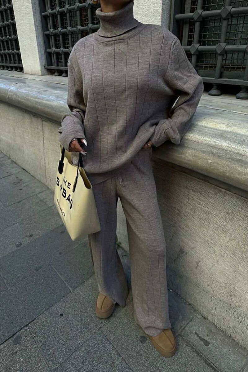 ONE COLOR HIGH NECK SWEATER+TROUSERS WOMEN SET LIGHT BROWN/KAZB - 2