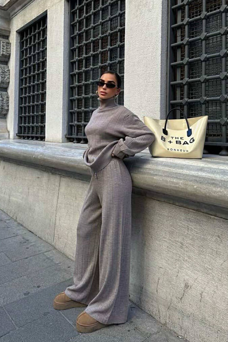 ONE COLOR HIGH NECK SWEATER+TROUSERS WOMEN SET LIGHT BROWN/KAZB - 5