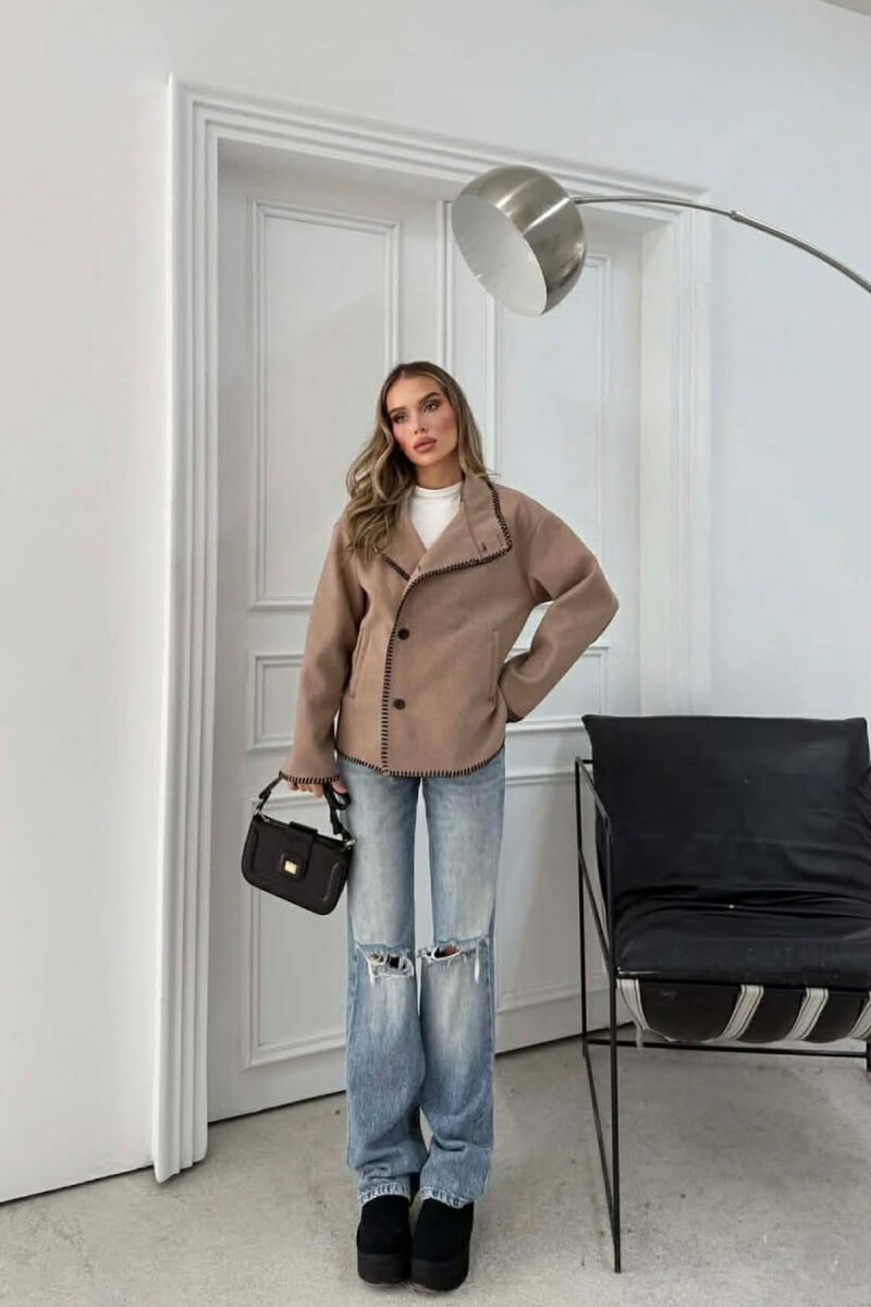 ONE COLOR HIGH NECK WOMEN JACKET BEIGE/BEZHE - 4