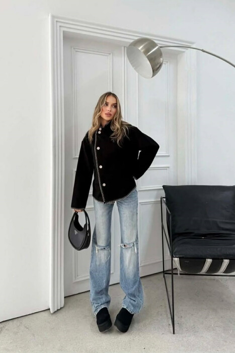 ONE COLOR HIGH NECK WOMEN JACKET BLACK/ E ZEZE - 1