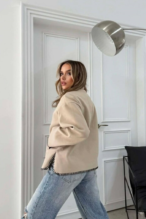 ONE COLOR HIGH NECK WOMEN JACKET CREAM/KREM - 3