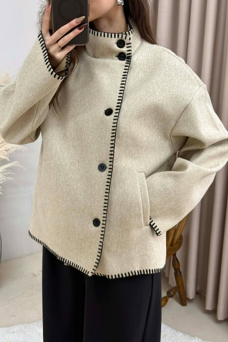 ONE COLOR HIGH NECK WOMEN JACKET LIGHT BEIGE/BZHZB - 5