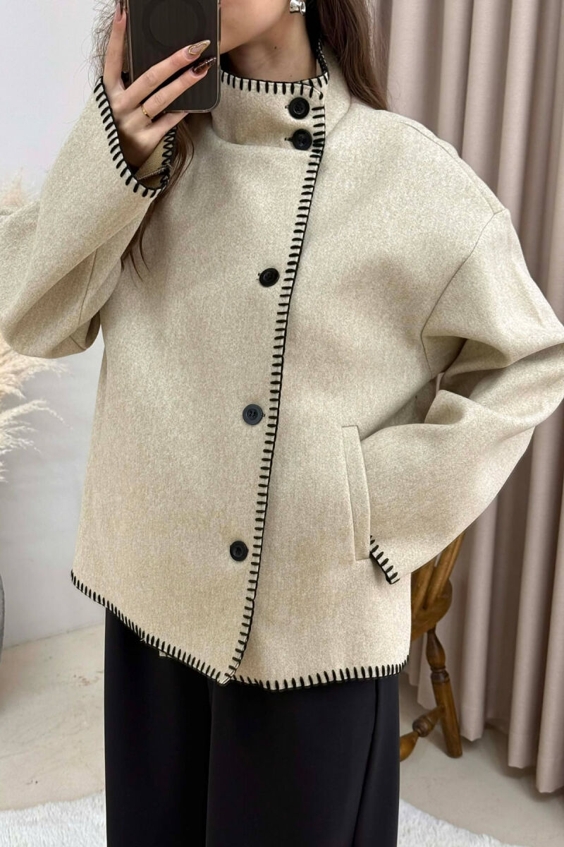 ONE COLOR HIGH NECK WOMEN JACKET LIGHT BEIGE/BZHZB - 5