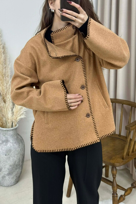 ONE COLOR HIGH NECK WOMEN JACKET LIGHT BROWN/KAZB - 3