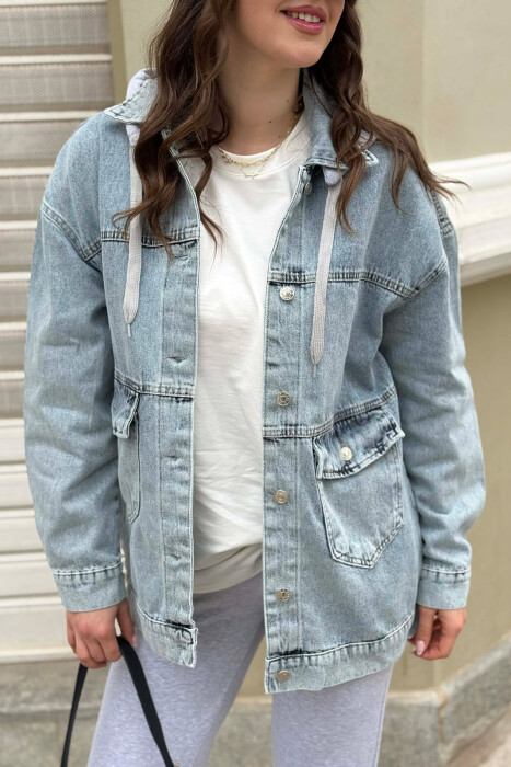 ONE COLOR HODDED DENIM WOMAN JACKET BABY BLUE/BLU BY - 2