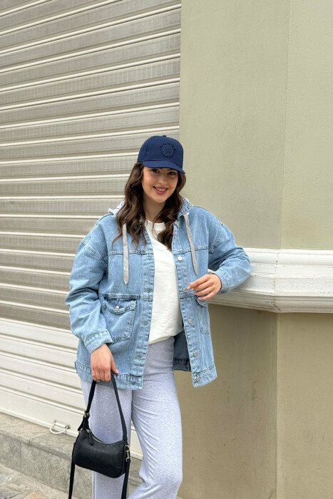 ONE COLOR HODDED DENIM WOMAN JACKET LIGHT BLUE-LIGHT BLUE/BZ-BZ 