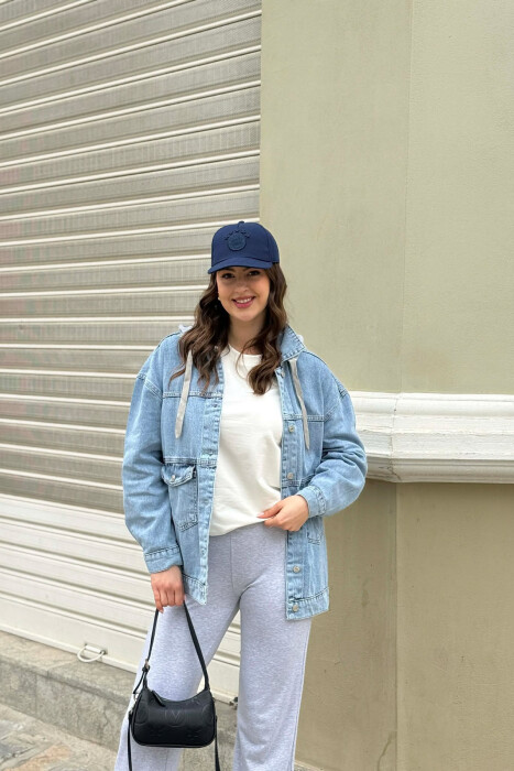 ONE COLOR HODDED DENIM WOMAN JACKET LIGHT BLUE-LIGHT BLUE/BZ-BZ - 2