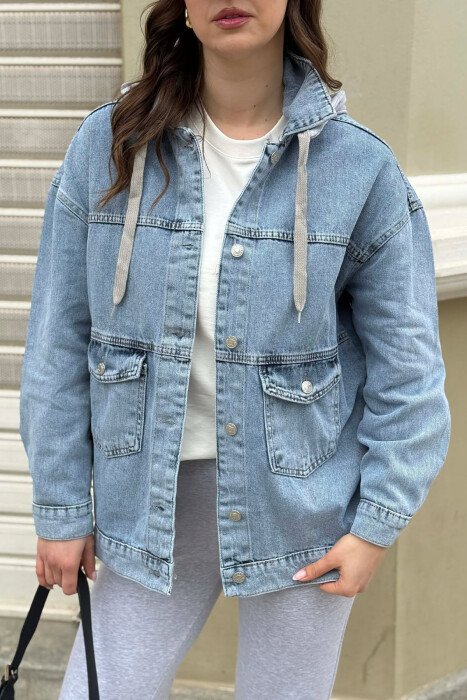 ONE COLOR HODDED DENIM WOMAN JACKET LIGHT BLUE-LIGHT BLUE/BZ-BZ - 5