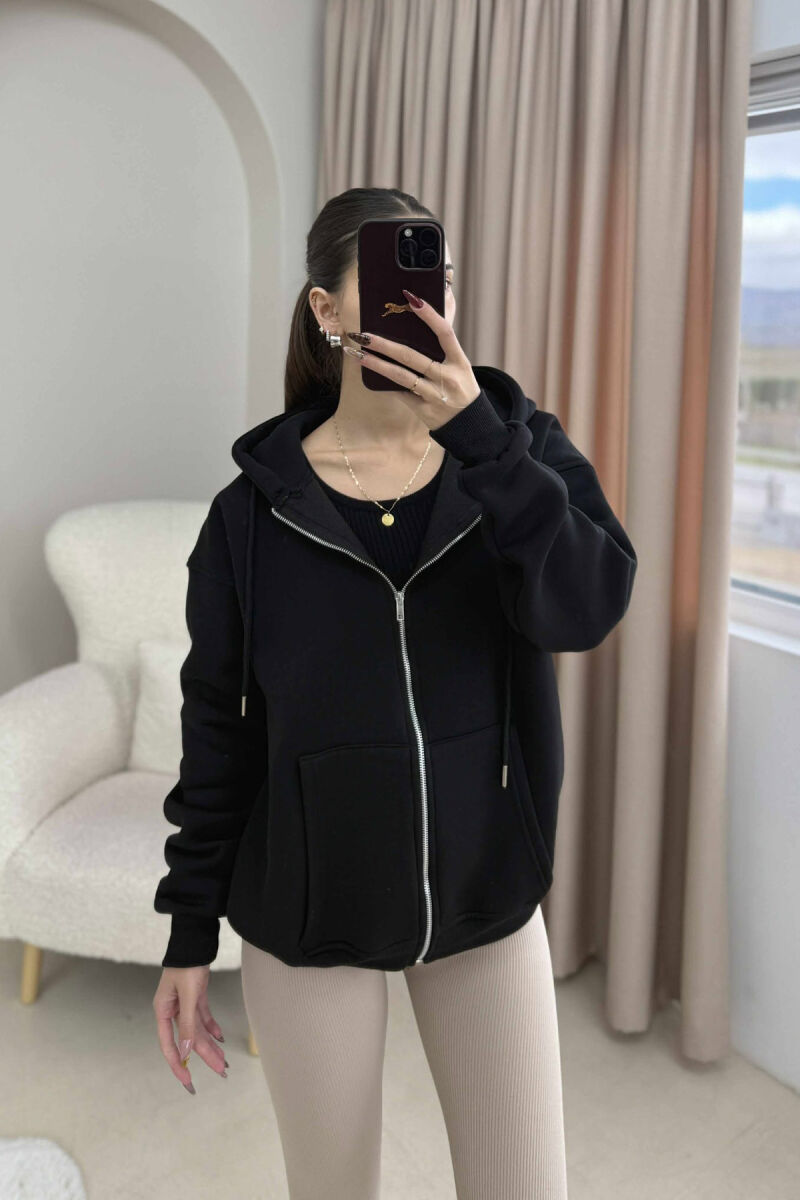 ONE COLOR HOOD FLUFFY WOMEN JACKET BLACK/ E ZEZE - 1