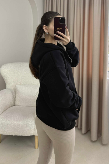 ONE COLOR HOOD FLUFFY WOMEN JACKET BLACK/ E ZEZE - 2