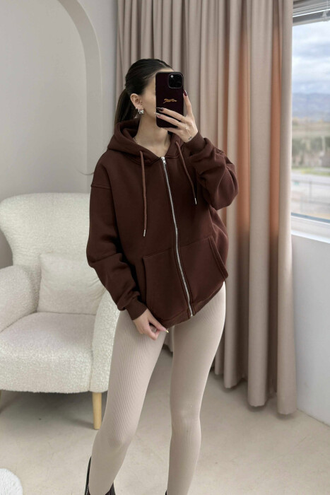 ONE COLOR HOOD FLUFFY WOMEN JACKET BROWN/KAFE - KLAUDIO FASHION