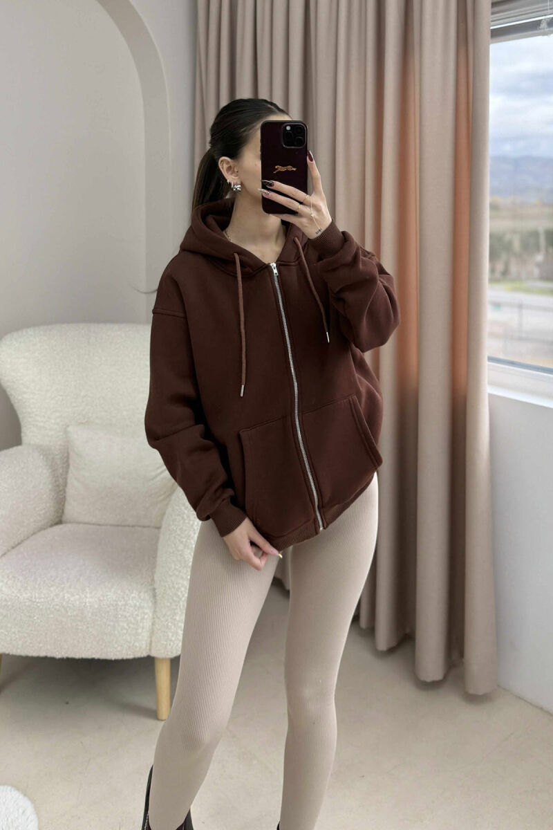 ONE COLOR HOOD FLUFFY WOMEN JACKET BROWN/KAFE - 1