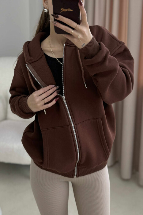 ONE COLOR HOOD FLUFFY WOMEN JACKET BROWN/KAFE - 2